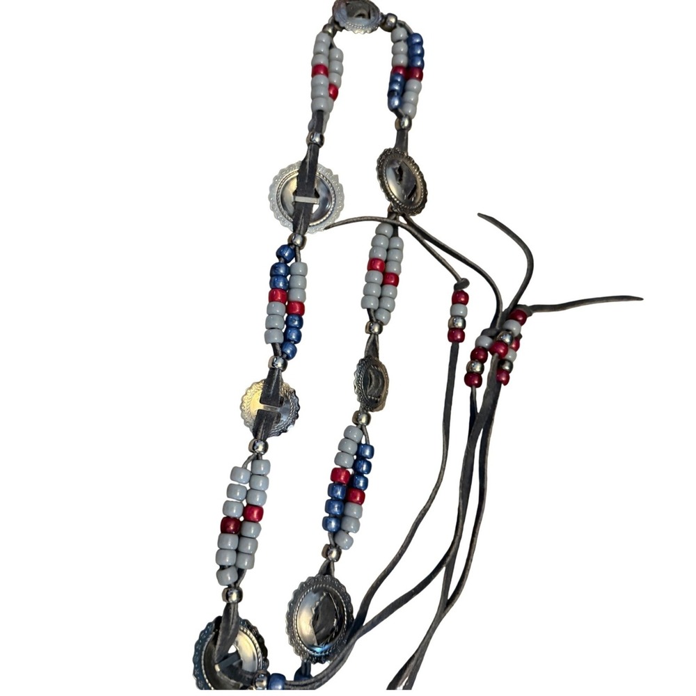 Southwestern Grey Leather Beaded Concho Belt Red White Blue Wrap‎ Tie Waist
